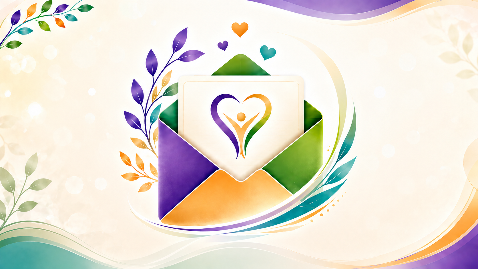 Colorful purple, green, orange, and teal envelope surrounded by decorative leaves and hearts